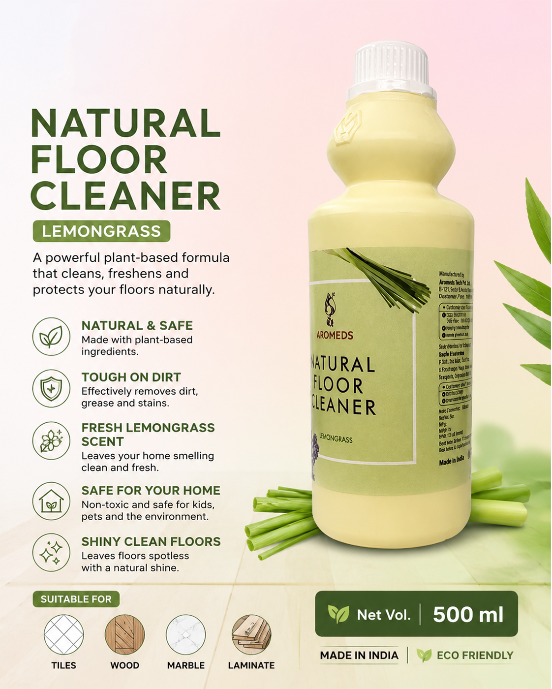 Aromeds - Natural Floor Cleaner - Lemon-Grass Oil - 1 Ltr (Pack Of 2)